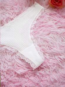 7 Pcs Ribbed Cotton Thongs Panties For Women Lace Trim Bow Decorate Soft Touch Comfy Daily Wear, White - White - View 7