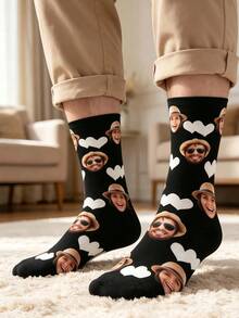 1 Pair Personalized Face & Text Mid-Calf Socks, Custom Photo & Name Gift, Fun Socks For Valentine's Day, Birthday, Christmas, Couples & Anniversary - Black - View 5