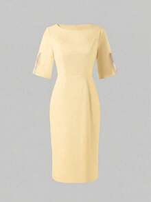 Solid Color Casual Elegant Retro French Style Waist Slimming Office Daily Date Commute Faux Pearl Decor Round Neck Dress, White Summer Yellow - Yellow - View 6
