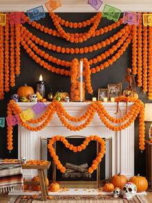 MEHELANY 2pcs 4.92ft Long Orange Artificial Marigold Garland, Fluffy Artificial Marigolds, Suitable For Diwali, Day Of The Dead Decoration, Fireplace Hanging Decoration, Wedding, Halloween, Wall Decoration, Garden Decoration, Yard Decoration, Altar Decoration, Birthday Party, New Year Theme Party And Other Occasions. - Burnt Orange - View 2