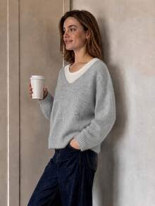 Wixra Women's Contrast V Neck Fuzzy Textured Knit Long Sleeve Loose Pullover Sweater - Light Grey - View 5
