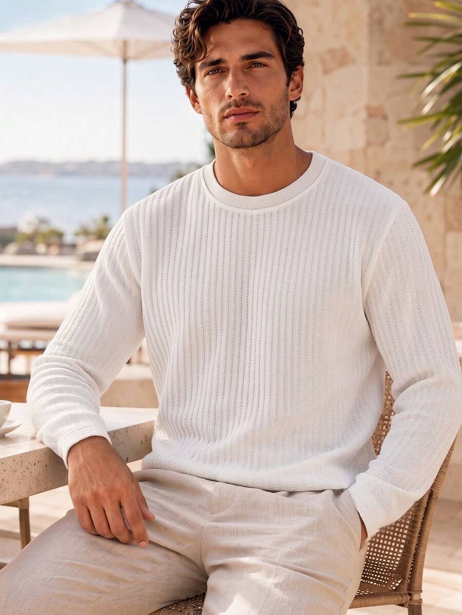 1pc White Vertical Textured Solid Color Men's T-Shirt, Crew Neck Loose Fit Long Sleeve Top, Soft Ribbed Knit Fabric, Clean Silhouette Flattering Fit, Versatile Layering Piece, Minimalist Vacation Style, Suitable For Shopping, Dating, Vacation And Travel - White - View 1