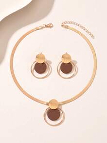 2pcs/Set Autumn/Winter Creative Personalized Necklace & Earrings Jewelry Set For Women, Fashion Metal Style, Geometric Brushed Disc Hollow Circle Layered Design Pendant Necklace, Brown & Gold Contrast Color, Minimalist Elegant Style, Spring, Daily, Party, Gathering, Middle Eastern Style, Wedding Season, Holiday Gift For Best Friend/Girlfriend - Brown - View 3