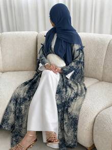 Hafizah 穆斯林女款端莊時尚雪紡印花兩件套，含希賈布，夏季休閒外套 - 藍色 - 查看 3