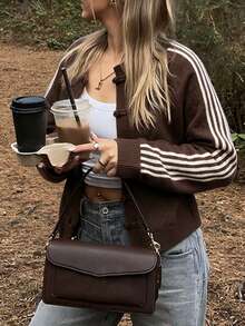FOR BEAUTY Fall Winter Women Cardigans Y2K Chic Brown Striped Sleeve Frog Button Knit Tops Loose Crewneck Sweaters Office Brunch Casual Outfits - Brown - View 5