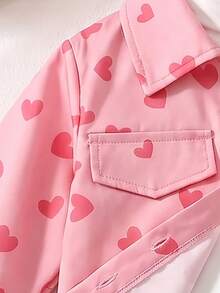 2pcs/Set Baby Girl Casual Sweet Cute Heart Print Collared Long Sleeve Lightweight Jacket And Pants Set, Spring/Autumn/Winter - Pink - View 4