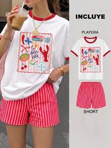 Women Two-Piece Outfits - 2 White and Red T-shirt With Red and Pink Striped Shorts - View 1