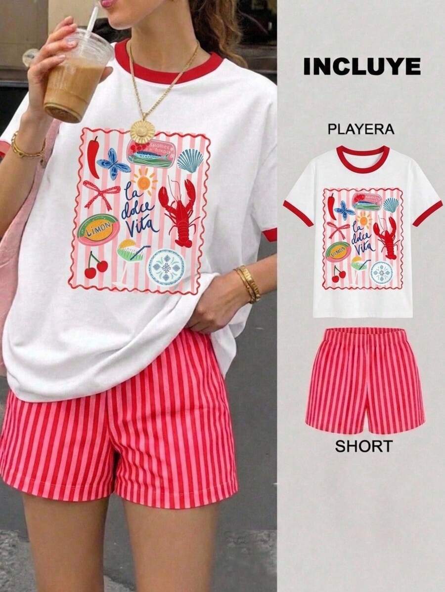 Women Two-Piece Outfits - 2 White and Red T-shirt With Red and Pink Striped Shorts - View 1