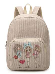 1 Piece Backpack, Women's Mini Backpack, Corduroy Girl School Bag, Travel Storage Bag, Character Printed Design, Large‑Capacity Foldable Easy‑To‑Store Bag, Lightweight & Pressure‑Relieving, Multi‑Pocket Layered Design With Zipper Closure - Girl 22954 - View 5