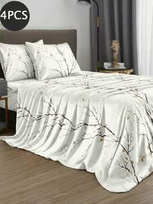 4-Piece Beige Plum Blossom Branch Pattern Bedding Set, Includes 1 Fitted Sheet, 1 Flat Sheet And 2 Pillowcases, Pillow Inserts Not Included. Fitted Sheet Set, Available Sizes: King, Queen, Full, Twin. Fitted Sheet Deep Pocket Design, Fits Up To 11.8 Inch Mattress. Soft And Breathable, Wrinkle-Resistant - Beige - View 2