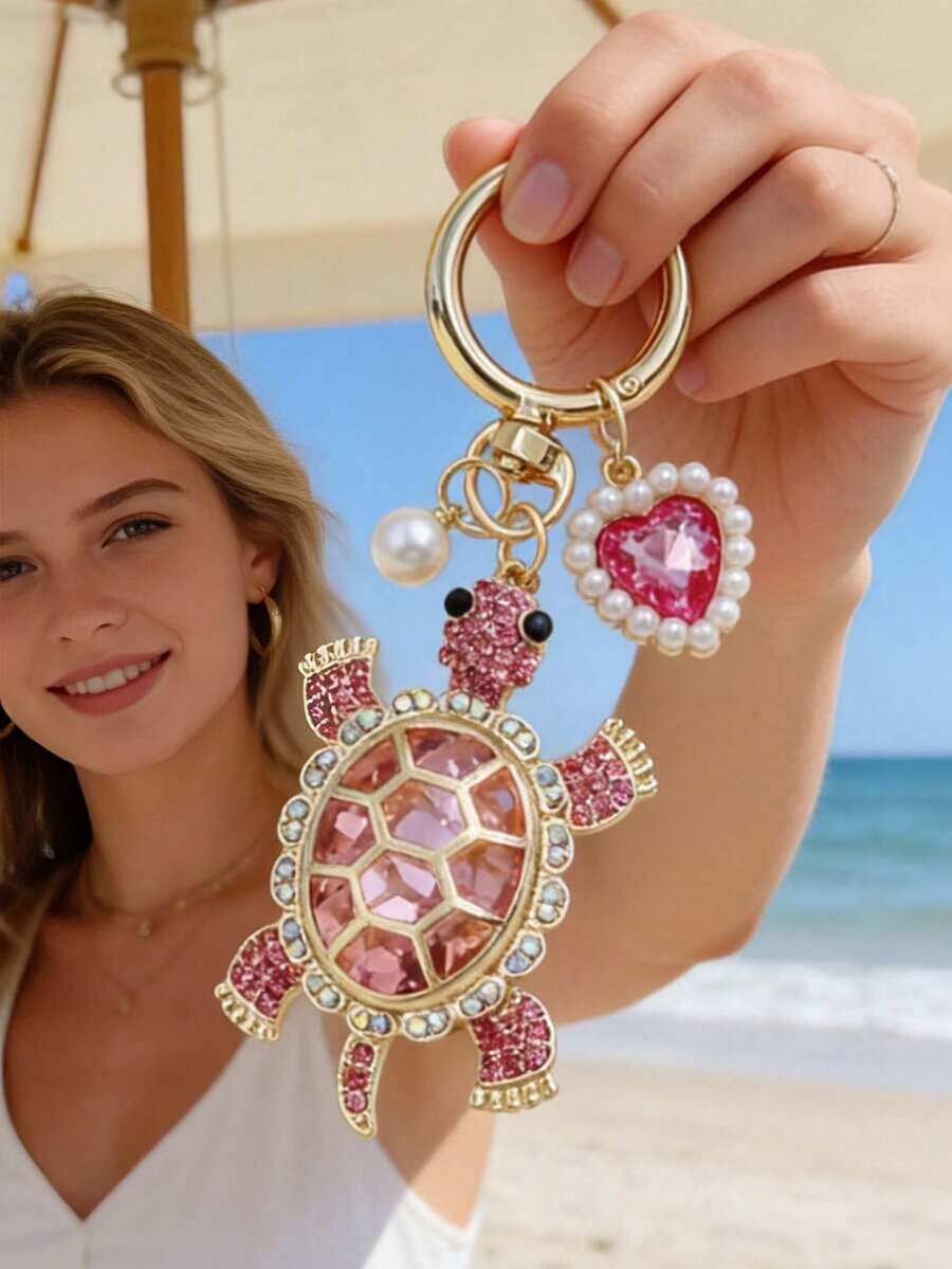 1pc Cartoon Turtle Rhinestone Keychain Alloy Studded Animal Key Ring - Pink - View 1