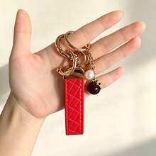 1pc Unisex Red Plaid Keychain + Fruit Pendant, Zinc Alloy Minimalist Style PU Leather Rope Key Ring, Suitable For Various Keys And Car Keys, Small Gift For Family And Friends - A - View 4