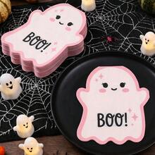 20/40/60pcs Cartoon Pink Ghost Shaped Paper Napkins, Disposable Asymmetrical Tabletop Decor Napkins, Birthday Halloween Party Atmosphere Decoration - Multicolor - View 12