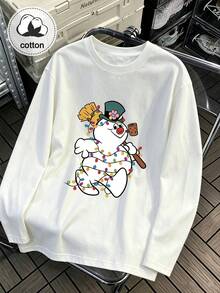 Women's Plus Size Snowman Christmas Lights Pattern Print Casual Fall Winter Long Sleeve T-Shirt Top - White - View 1