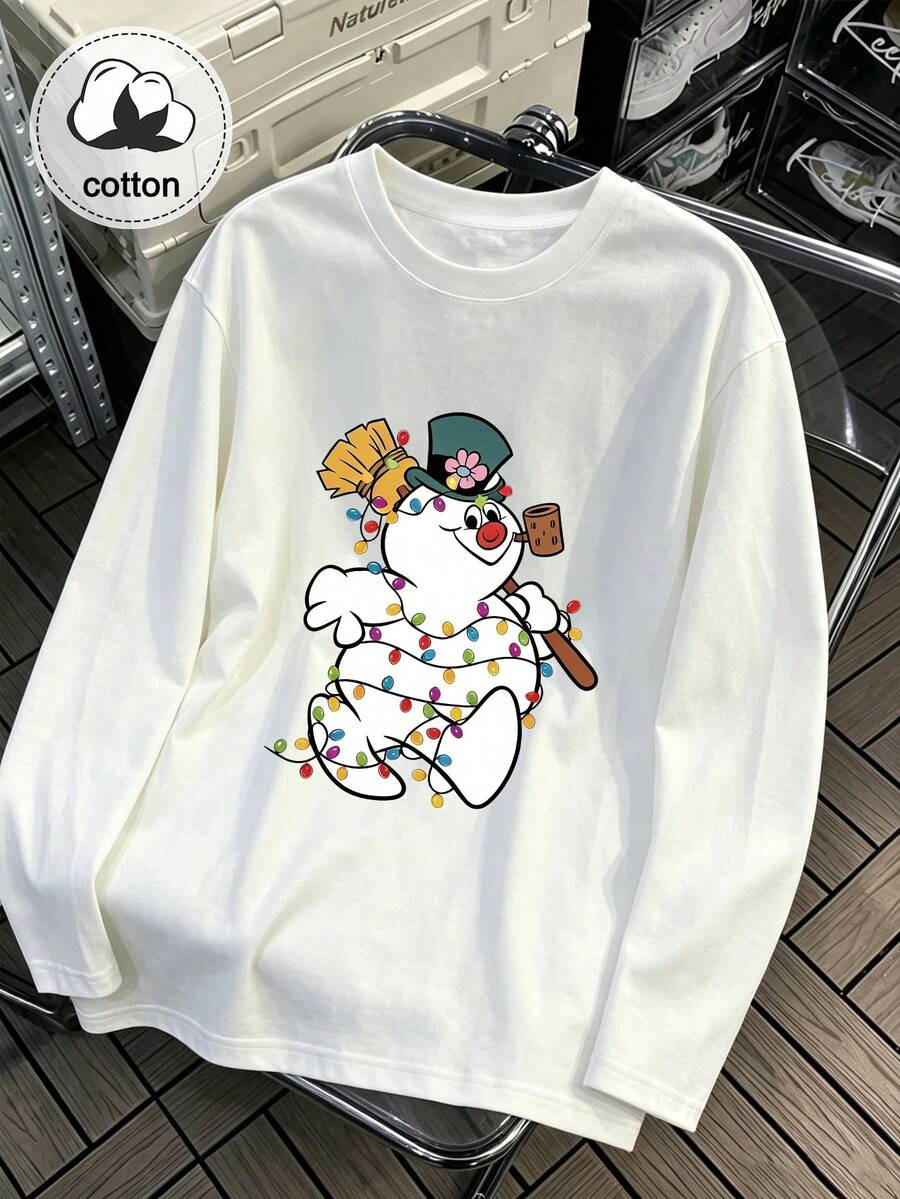 Women's Plus Size Snowman Christmas Lights Pattern Print Casual Fall Winter Long Sleeve T-Shirt Top - White - View 1