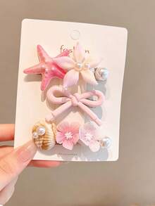3pcs Women's Ocean Style Starfish & Shell Hair Clips, Pearl Flower Bow Side Clips, Beach Vacation Hair Accessories For Girls - Multicolor - View 10