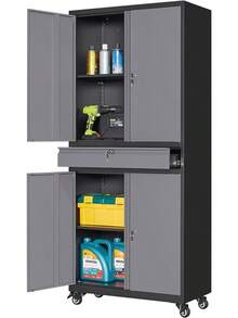 Tall Metal Garage Storage Cabinet With Lockable, 1 Drawer & Adjustable Shelves, 71 Inch Heavy‑Duty Storage Cabinet Garage Warehouse, Black - GrayBlack - View 10