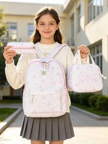 3-Piece Set - Girls' School Style Bow Pattern Backpack Combination, Large Capacity Nylon School Daily Bag, Campus Backpack, Matching Lunch Bag And Pencil Case, Multi-Layer Storage Casual Backpack Set, Travel Backpack Set, Suitable For Girls, Students, Children, Ideal For Back To School, Daily Commute, Shopping, Short Trips And Outdoor Leisure Travel - 2327 - View 2