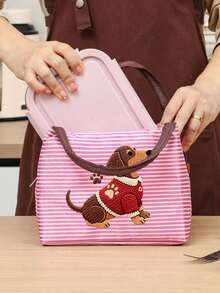Cute Dachshund Striped Lunch Bag With Utensil Storage, 2D Flat Pattern, Portable Insulated Hot & Cold Lunch Bag, Handheld Lunch Bag, Multi-Functional Insulated Bag, Office Lunch Bag, Suitable For School, Picnic, Commute, Reusable, Waterproof Lunch Box, Back To School Essential, Unique Party Gift, Back To School Gift, New Job Gift, Birthday Gift - Multicolor - View 5