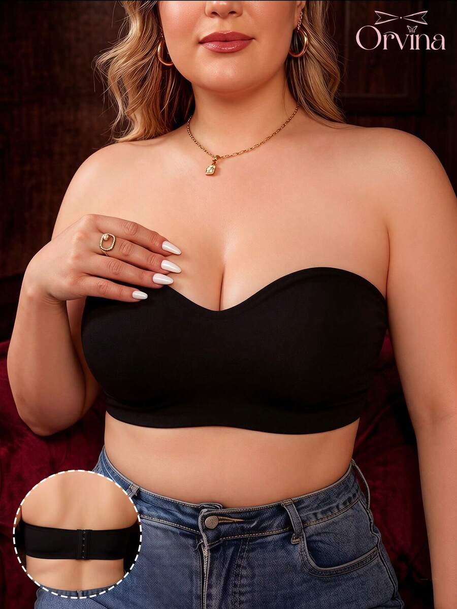 Plus Size Women's Bandeau Bra, Black Minimalist Comfortable Wireless Bandeau, Seamless Anti-Slip Bandeau Lingerie, Invisible Anti-Sagging Bra, Suitable For Daily Wear