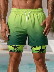 Men's Sunset Coconut Tree Pattern Gradient Print Beach Shorts, Men's Double Layer Shorts, Men's Vacation Style Beach Pants - Multicolor - View 1