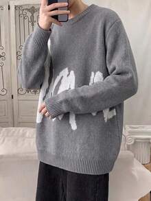 1pc Teen Boys Casual Contrast Color Crew Neck Thick Knit Sweater, Suitable For Indoor, Outdoor Exercise, Street Wear, Autumn/Winter - Grey - View 4
