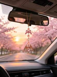 Pink Diamond Bat Bow Car Rearview Mirror Hanging Ornament, Beaded Car Interior Pendant, Sweet & Cool Girly Style - Bat - View 6