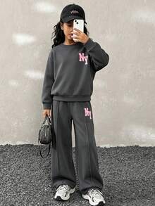2pcs/Set Young Girl Casual Sports Style Fashion Minimalist Letter Print Ribbed Crew Neck Long Sleeve Thermal Lined Warm Sweatshirt And Elastic Waist Wide Leg Pants Set, Autumn/Winter College Style Suitable For Daily Outdoor Sports Wear - Grey - View 1