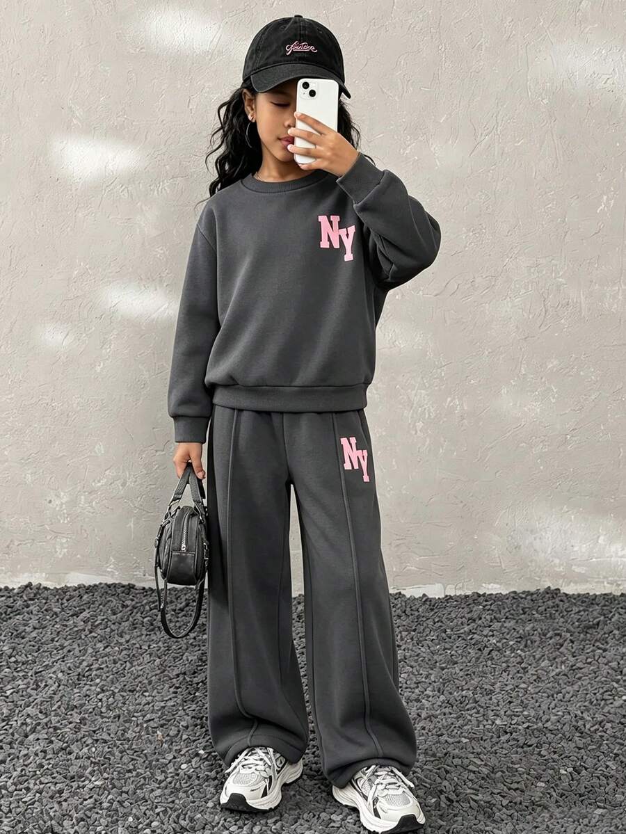 2pcs/Set Young Girl Casual Sports Style Fashion Minimalist Letter Print Ribbed Crew Neck Long Sleeve Thermal Lined Warm Sweatshirt And Elastic Waist Wide Leg Pants Set, Autumn/Winter College Style Suitable For Daily Outdoor Sports Wear - Grey - View 1
