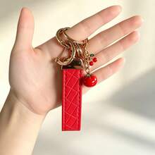 1pc Unisex Red Plaid Keychain + Fruit Pendant, Zinc Alloy Minimalist Style PU Leather Rope Key Ring, Suitable For Various Keys And Car Keys, Small Gift For Family And Friends - A - View 5