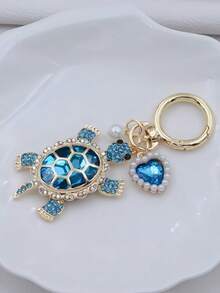 1pc Rhinestone Studded Cartoon Turtle Alloy Animal Keychain - Navy Blue - View 3