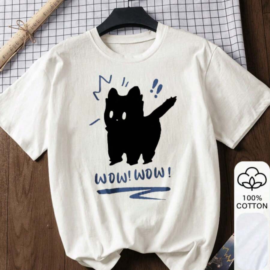 Casual Sweet 100% Cotton Cute Pet Silhouette Slogan Graphic Tee, Elegant Daily Summer Top, Perfect Gift For Young Ladies - White - View 1