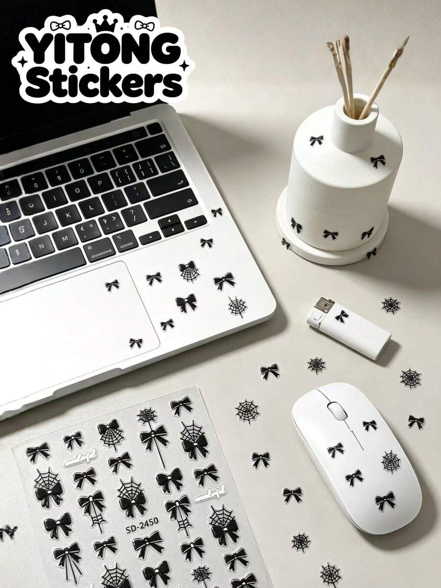 1pc Sweet Cool Style Printed Decorative Sticker, Black Bow Tie With Spider Web Pattern, Delicate And Complete Pattern Lines, Neat Edge Cutting; Thin And Flat Texture, Waterproof And Moisture-Resistant, Soft Adhesive Backing Without Residue, Rich Pattern Styles, Can Decorate Notebooks, Mice, Aromatherapy, Lighters And Other Personal Items, Creating A Cool Sweet Atmosphere - Spider Web Bow - View 1