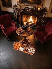 1 pieza Alfombra con estampado de leopardo de dibujos animados y cuadros con forma de calabaza, estilo vintage de Halloween, Halloween, felpudo para exteriores, alfombra de cocina, decoración del hogar, alfombra de área, alfombra de jardín, alfombra lavable - Multicolor - Ver 12