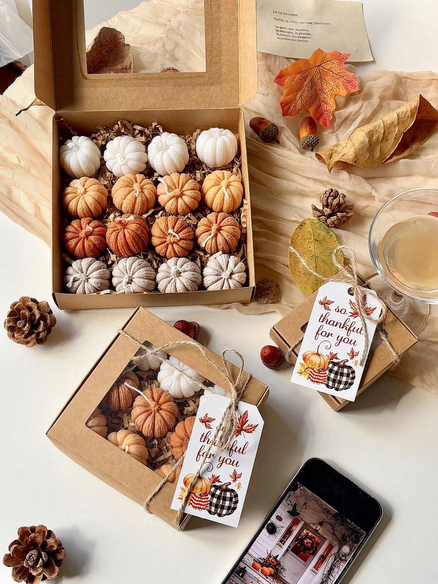 Mini Pumpkin Candles 4/9/16pcs Set, Autumn Thanksgiving Gift Set, Autumn Tabletop Decor, Halloween Party Favors, Home Decoration - Multicolor - View 1