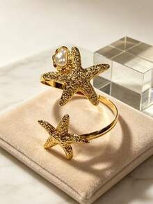 1件夏季時尚海灘風度假不對稱珍珠海星開口手環，獨特設計，海星方向不固定，自由設計 - 金色 - 查看 8