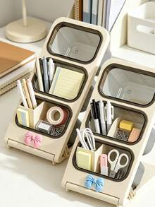 Bowknot 3‑Tier Slanted Makeup Brush Holder, Dust‑Proof Large Capacity Desktop Cosmetic Organizer, Portable Travel Storage Box For Lipstick Pens Markers, Brushes Not Included,Suitable For Desk, Office, Craft Room - Multi-Functional Storage Box - Multicolor - View 1