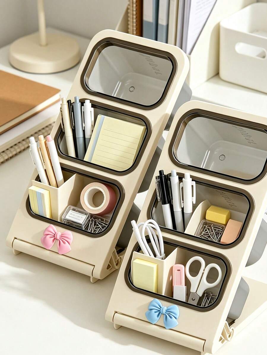 Bowknot 3‑Tier Slanted Makeup Brush Holder, Dust‑Proof Large Capacity Desktop Cosmetic Organizer, Portable Travel Storage Box For Lipstick Pens Markers, Brushes Not Included,Suitable For Desk, Office, Craft Room - Multi-Functional Storage Box - Multicolor - View 1