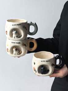 1pc Embossed Standing Cat Ceramic Mug, Personalized Creative Handmade Art Couple Mug, Breakfast Cup, Tea Cup, Coffee Cup - Perfect Birthday And Holiday Gift, Suitable For Home Use, Great Gift For Him - Multicolor - View 12