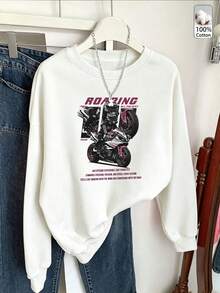 Oversized Women's Sweatshirt For Autumn/Winter, Casual Daily Wear, Long Sleeve Hoodie, Outerwear Top, Y2K, Letter Slogan Graphic, Unisex, Streetwear - White - View 6