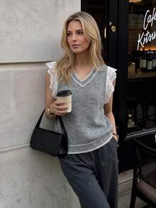 Nicenter Women's Fall Winter Grey V-Neck Contrast Lace Sleeve Wool Blend Sweater Vest, Elegant Casual Simple For Office Daily Home Date - Grey - View 10