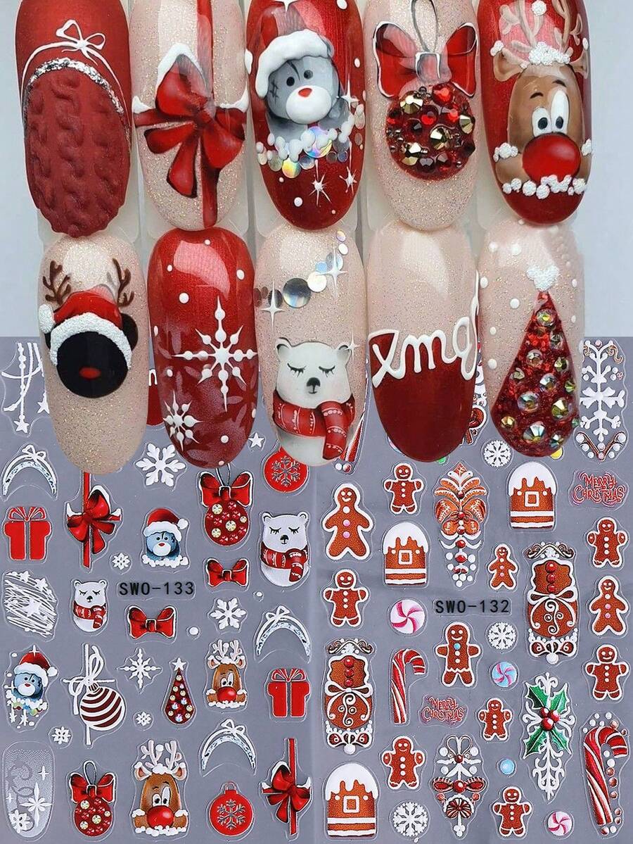 2pcs Red Holiday Nail Stickers, 5D Embossed Craft, Featuring Colorful Gingerbread Man, Polar Bear, Deer, Crystal Ball And Bow Patterns, Suitable For Holiday Nail Art Design. The Stickers Are Made Of Self-Adhesive Material, Can Be DIY Personalized Combination, Suitable For Nail Decoration, Creating Holiday Themed Nail Style. - Multicolor - View 1