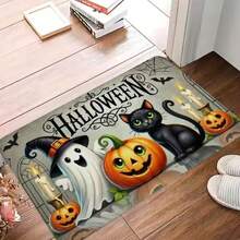 1pc Halloween Pumpkin Cat Design Doormat, Welcome Mat, Polyester Fiber Area Rug Suitable For Laundry Room And Kitchen, Room Decor, Guest Room Decor - E - View 1