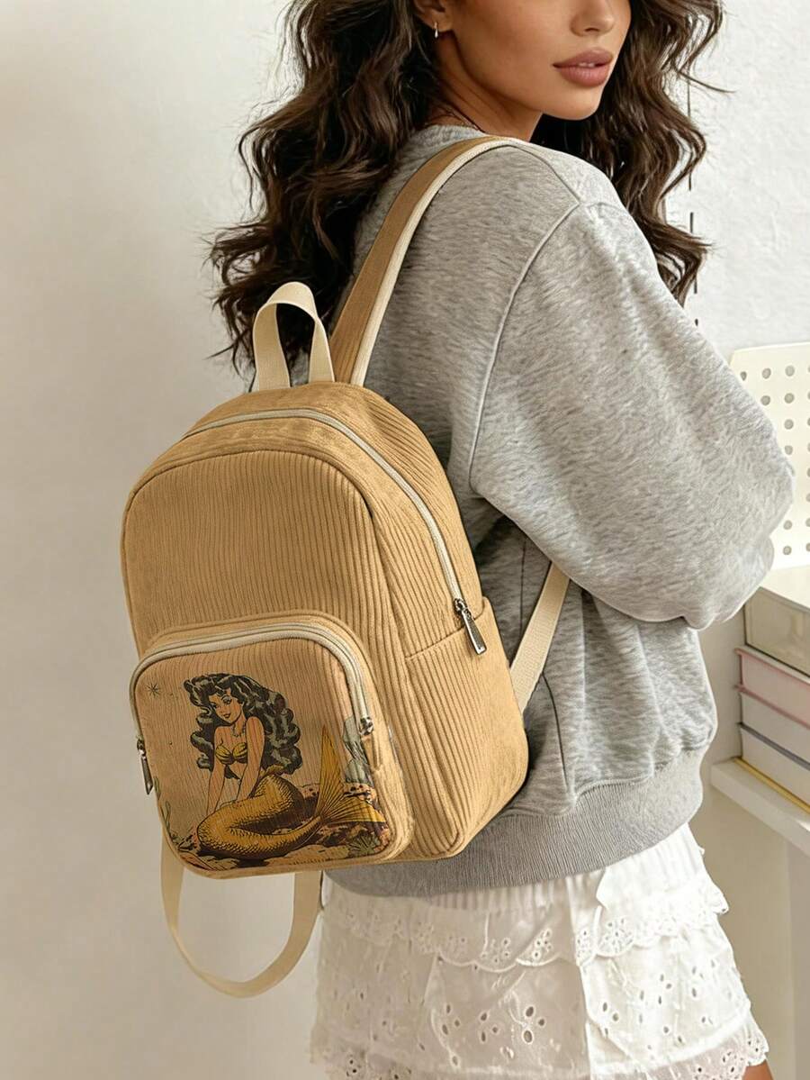 1 Piece Backpack, Women's Mini Backpack, Corduroy Girl School Bag, Travel Storage Bag, Mermaid Printed Design, Large‑Capacity Foldable Easy‑To‑Store Bag, Lightweight & Pressure‑Relieving, Multi‑Pocket Layered Design With Zipper Closure - Cartoon Mermaid 3333589 - View 1