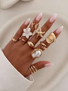 10pcs Bohemian Vacation Style Oil Drop Flower & Starfish Ring Set, Sweet Cool Girl Ins Style Alloy Flower Ocean Stackable Rings, Holiday Gift, Beach Vacation, Birthday Gift, Exquisite Jewelry - Yellow Gold - View 6