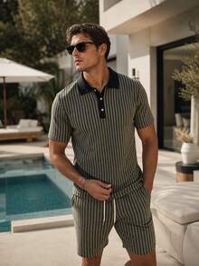 Men's Vacation Style Striped Jacquard Short Sleeve Polo And Casual Shorts Set - Multicolor - View 1