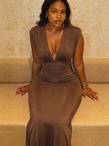 1pc Sexy Solid Color Deep V-Neck Long Dress Spring Summer - Chocolate Brown - View 1