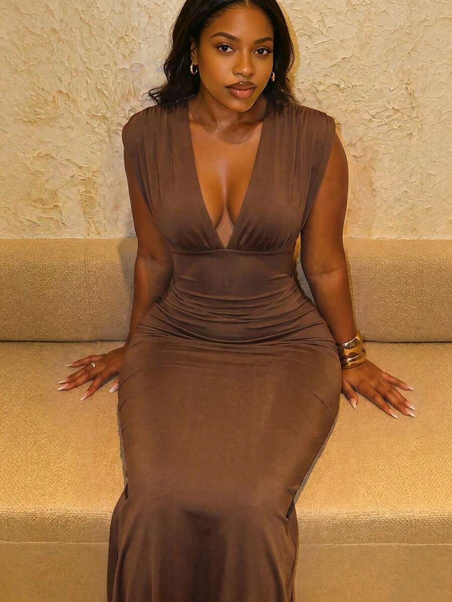 1pc Sexy Solid Color Deep V-Neck Long Dress Spring Summer - Chocolate Brown - View 1