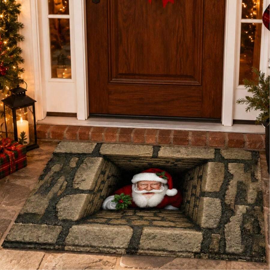 1pc, Santa Claus Pattern Printed Faux Cashmere Kitchen Mat, Christmas, Can Be Used As Christmas Gift, Christmas Decoration, Absorbent Kitchen Floor Mat, Kitchen Carpet, Long Runner Mat, Sink Front Mat, Suitable For Kitchen, Bathroom, Entryway, Hallway, Laundry Room And Home Decor - Multicolor - View 1