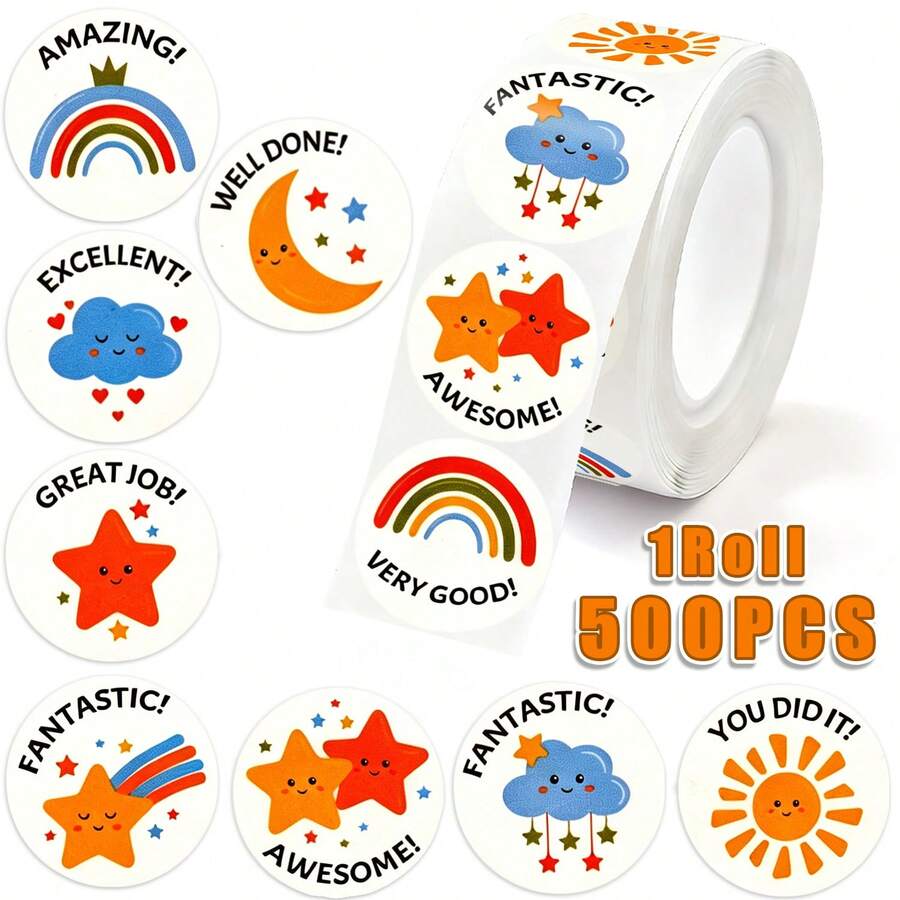 500pcs/Roll Cute Cartoon Rainbow Smiling Face Self-Adhesive Graffiti Stickers, Reward & Encouragement Stickers, Gift Envelope Seal Stickers, PVC Waterproof Stickers For Classroom, School, Work, Study, Training, Scripture Stickers, Handmade Self-Adhesive Labels, Motivational & Encouragement Stickers, Back To School Decoration Stickers, School Opening Stickers - Multicolor - View 1